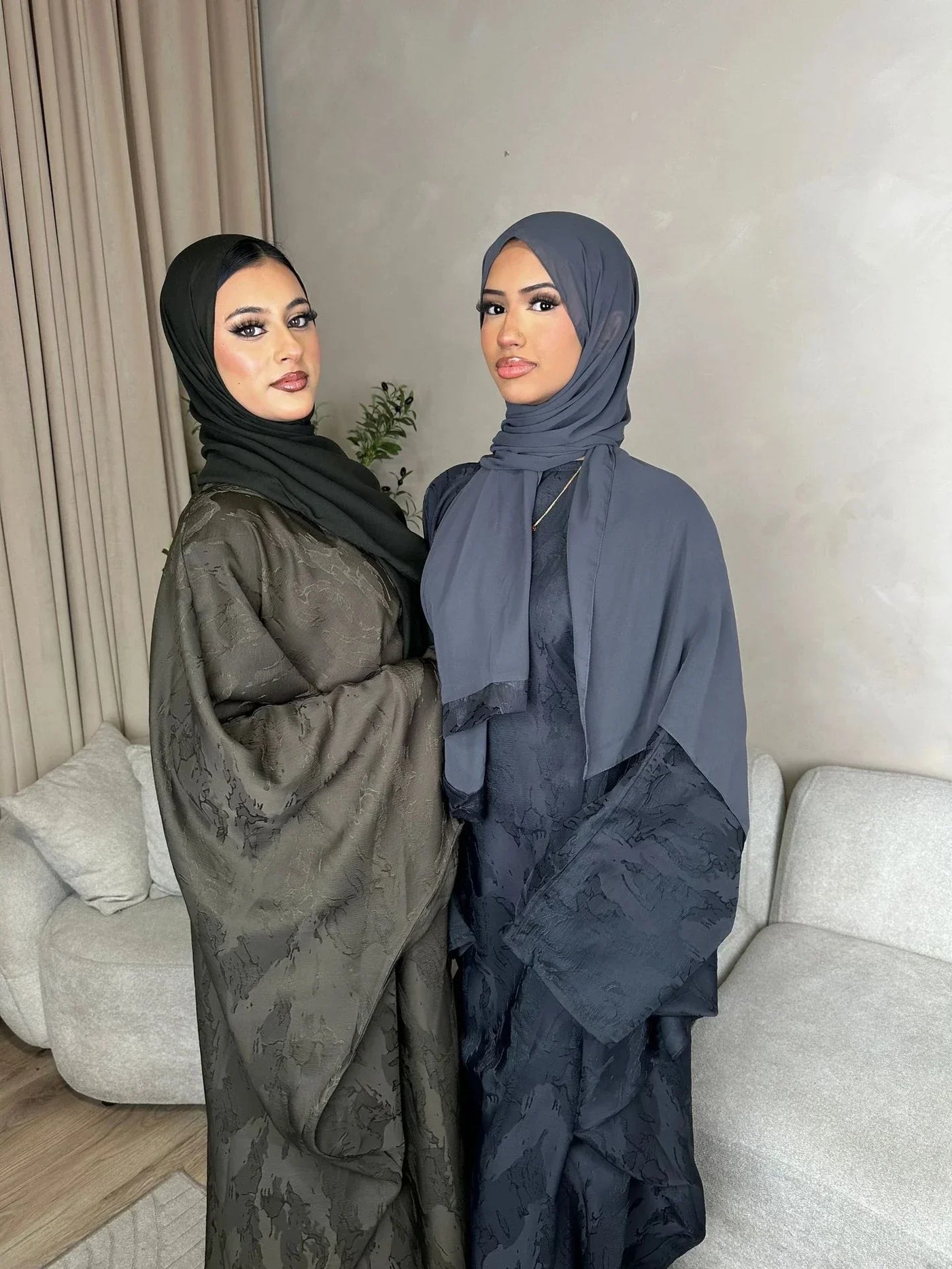 LM089 Hira Butterfly Abaya Set | Khaleeji Jacquard Prayer Dress with Batwing Sleeves Hijab Set - LM089-Charcoal Grey-FREE SIZE LumosModesty