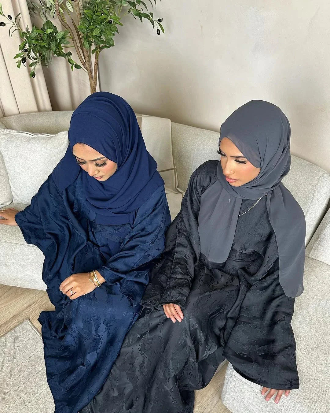 LM089 Hira Butterfly Abaya Set | Khaleeji Jacquard Prayer Dress with Batwing Sleeves Hijab Set - LM089-Charcoal Grey-FREE SIZE LumosModesty