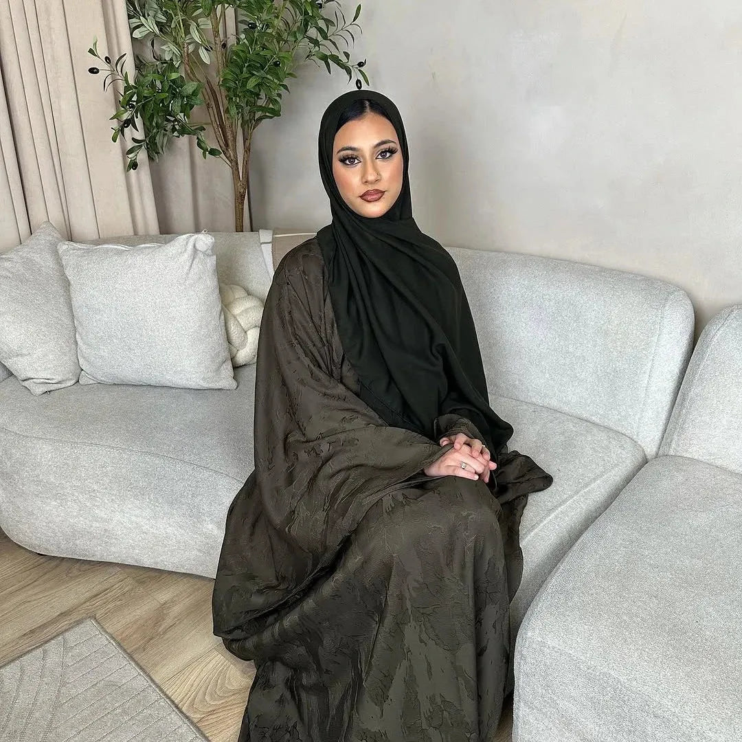 LM089 Hira Butterfly Abaya Set | Khaleeji Jacquard Prayer Dress with Batwing Sleeves Hijab Set - LM089-Charcoal Grey-FREE SIZE LumosModesty