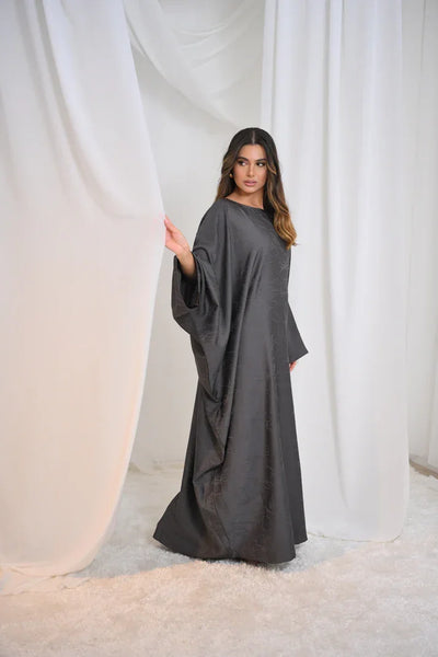 LM090 Jacquard Butterfly Abaya with Hijab | Luxe Floral Batwing Design - LM090-Black-FREE SIZE LumosModesty