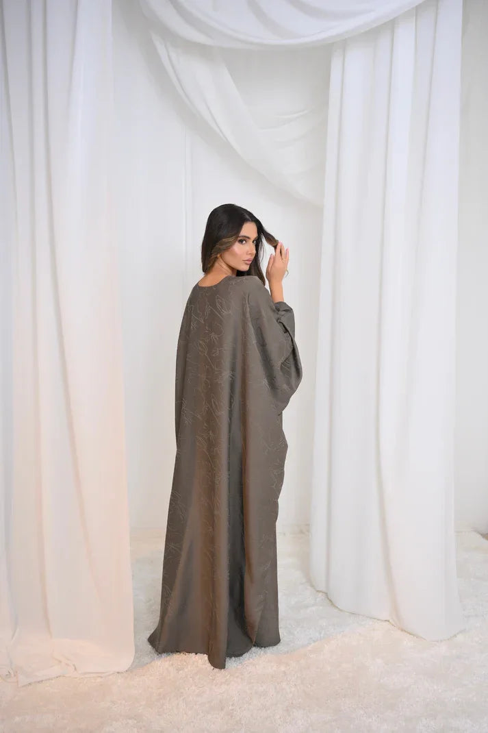 LM090 Jacquard Butterfly Abaya with Hijab | Luxe Floral Batwing Design - LM090-Black-FREE SIZE LumosModesty