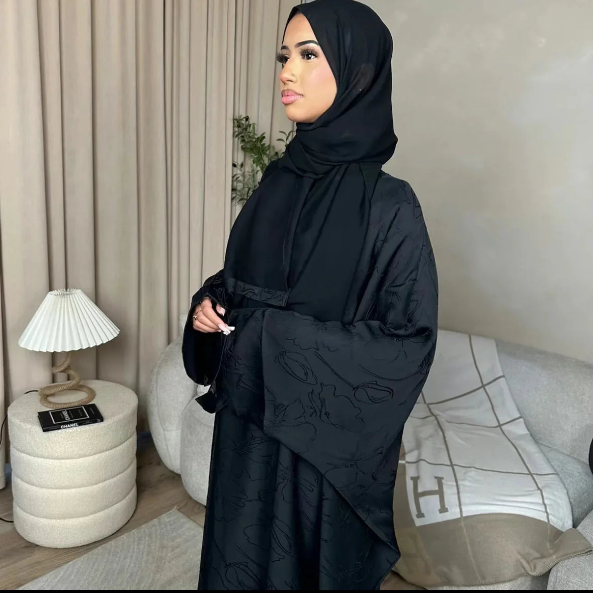 LM090 Jacquard Butterfly Abaya with Hijab | Luxe Floral Batwing Design - LM090-Black-FREE SIZE LumosModesty