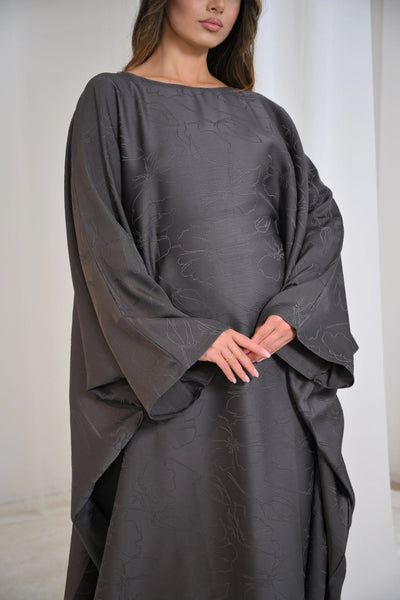 LM090 Jacquard Butterfly Abaya with Hijab | Luxe Floral Batwing Design - LM090-Black-FREE SIZE LumosModesty