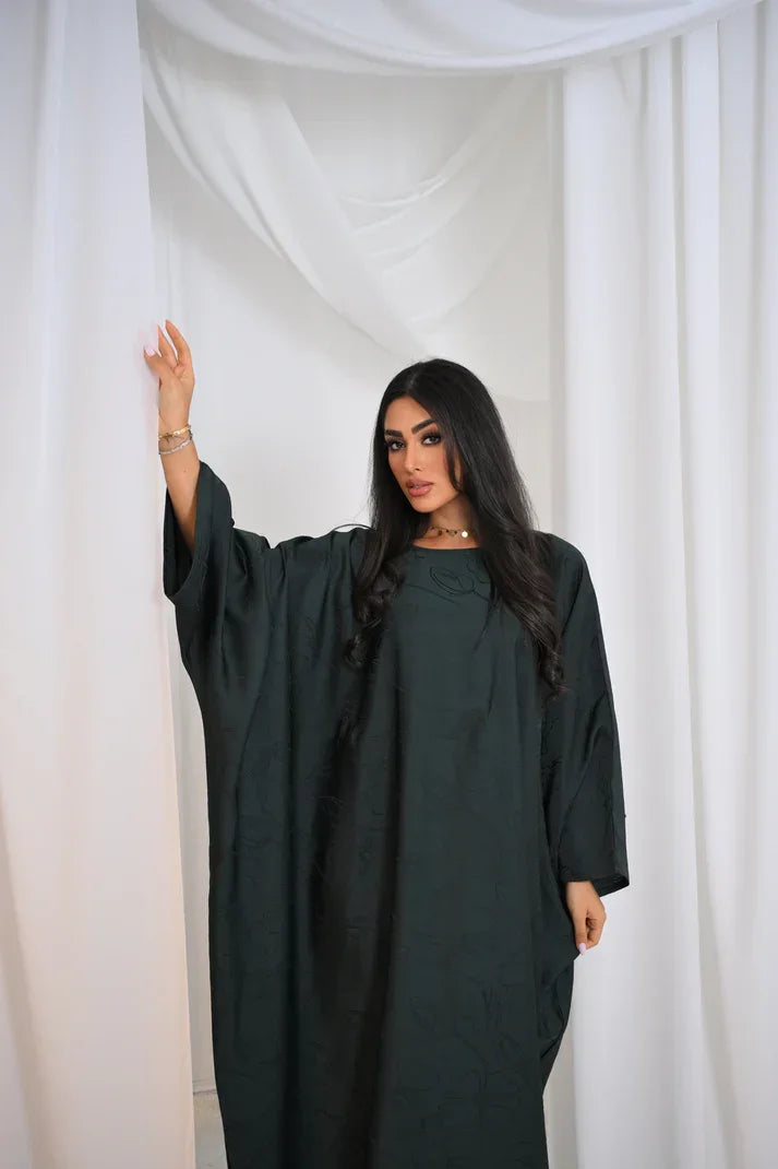 LM090 Jacquard Butterfly Abaya with Hijab | Luxe Floral Batwing Design - LM090-Black-FREE SIZE LumosModesty