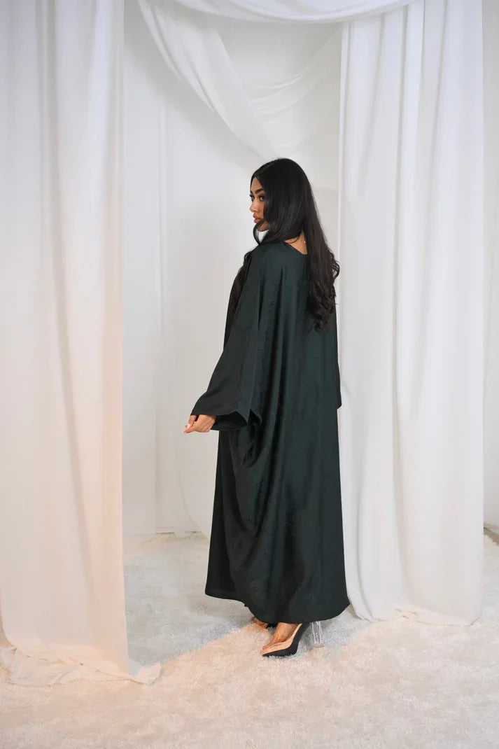 LM090 Jacquard Butterfly Abaya with Hijab | Luxe Floral Batwing Design - LM090-Black-FREE SIZE LumosModesty