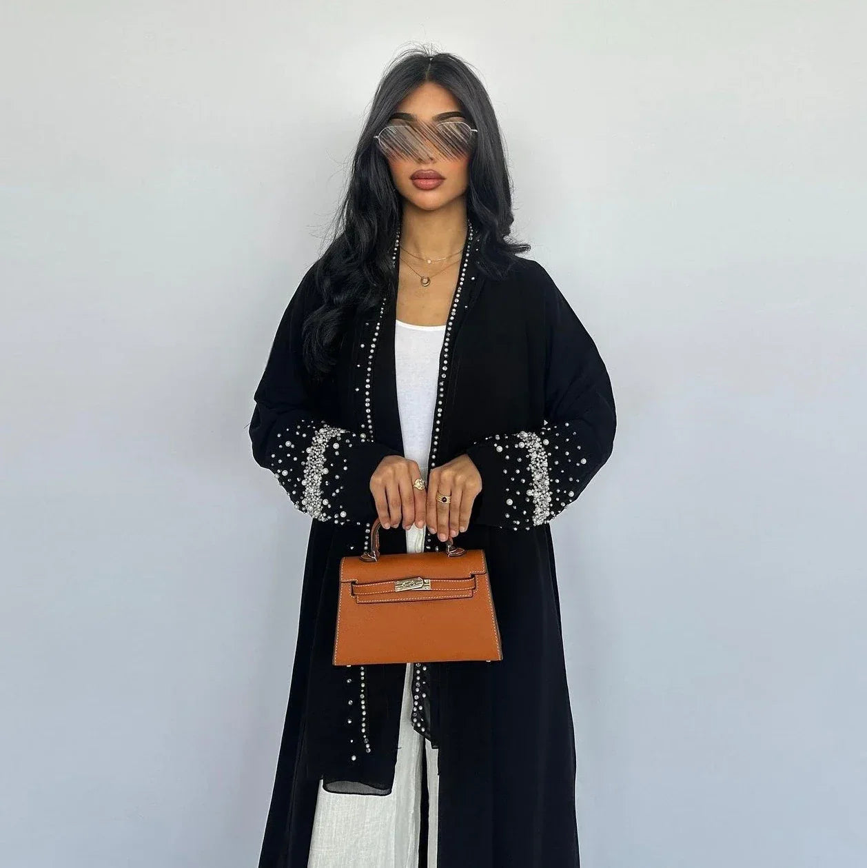LM093 Rhinestone Open Abaya with Hijab | Diamond Beaded 2-Piece Modest Cardigan Set - LM093-Black-S (52) LumosModesty