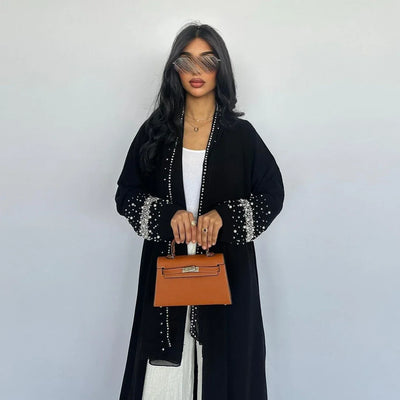 LM093 Rhinestone Open Abaya with Hijab | Diamond Beaded 2-Piece Modest Cardigan Set - LM093-Black-S (52) LumosModesty