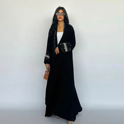 LM093 Rhinestone Open Abaya with Hijab | Diamond Beaded 2-Piece Modest Cardigan Set - LM093-Black-S (52) LumosModesty