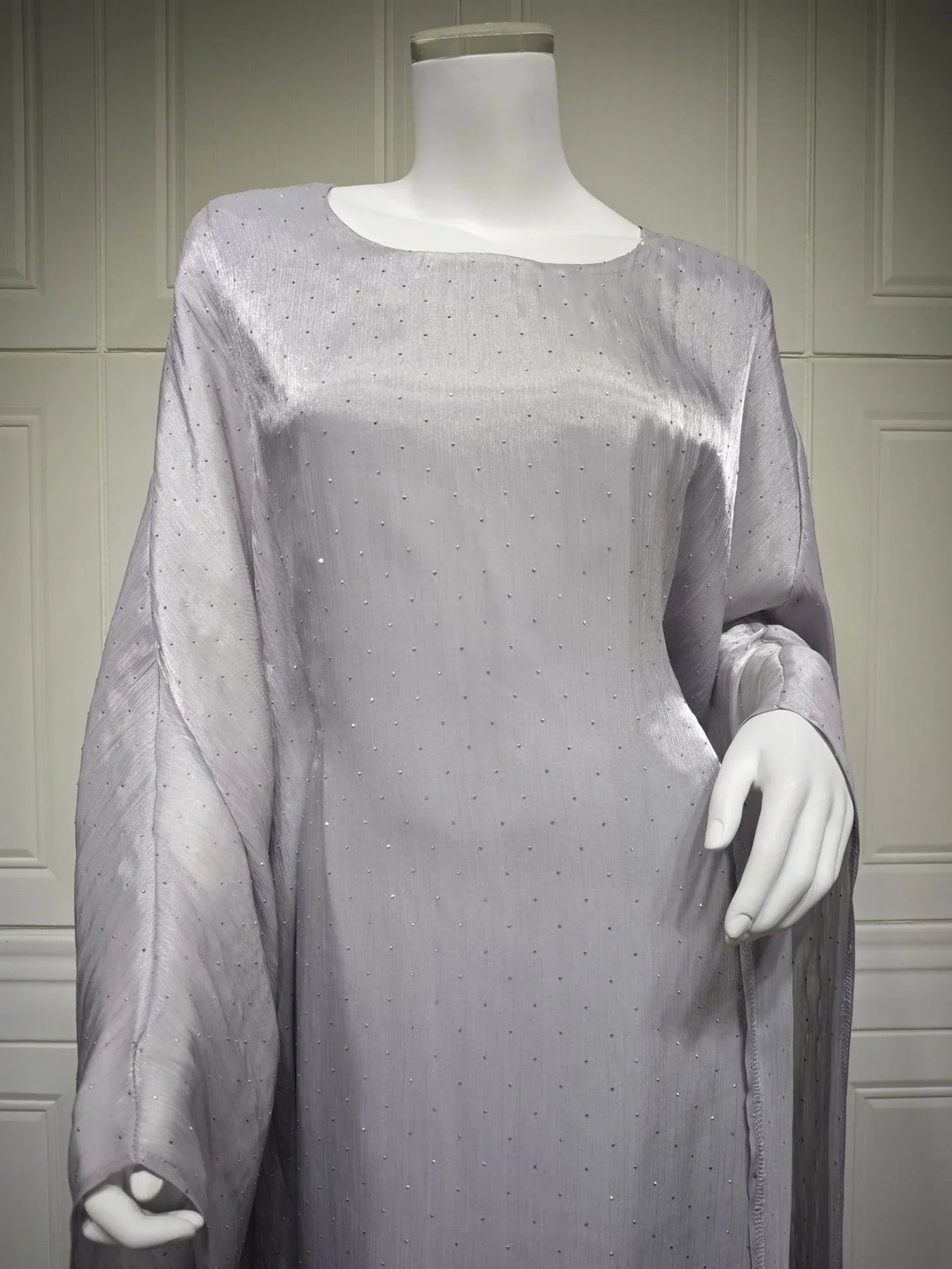 LM096 Eid Rhinestone Butterfly Abaya Set with Slip Dress | Batwing Kaftan for Ramadan & Iftar - LM096-Silver Grey-S (52) LumosModesty