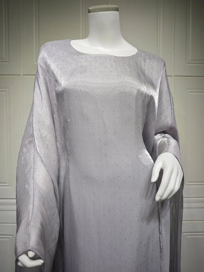 LM096 Eid Rhinestone Butterfly Abaya Set with Slip Dress | Batwing Kaftan for Ramadan & Iftar - LM096-Silver Grey-S (52) LumosModesty