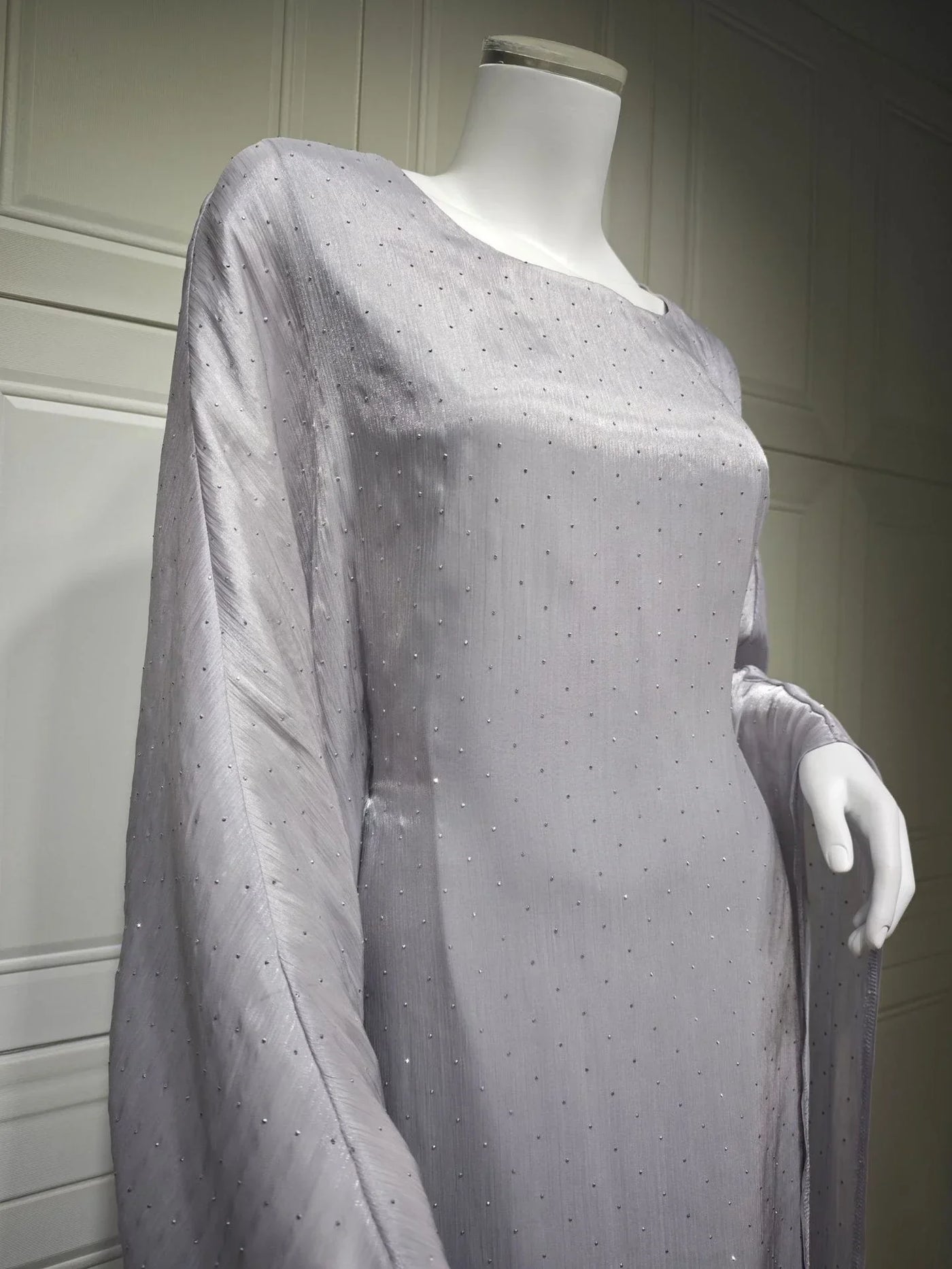 LM096 Eid Rhinestone Butterfly Abaya Set with Slip Dress | Batwing Kaftan for Ramadan & Iftar - LM096-Silver Grey-S (52) LumosModesty