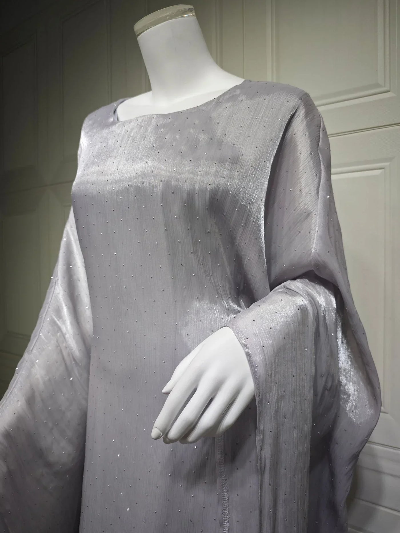 LM096 Eid Rhinestone Butterfly Abaya Set with Slip Dress | Batwing Kaftan for Ramadan & Iftar - LM096-Silver Grey-S (52) LumosModesty