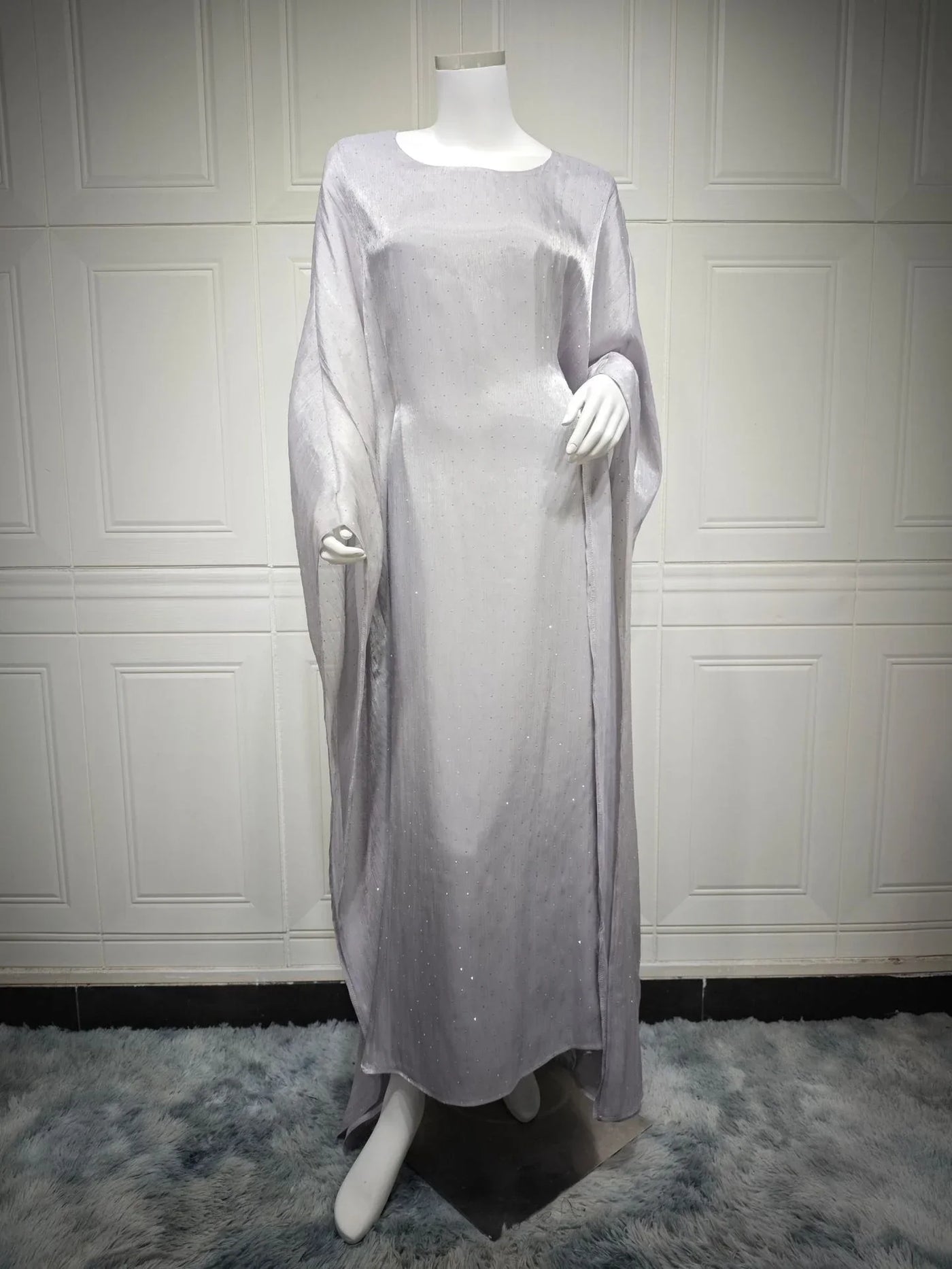 LM096 Eid Rhinestone Butterfly Abaya Set with Slip Dress | Batwing Kaftan for Ramadan & Iftar - LM096-Silver Grey-S (52) LumosModesty