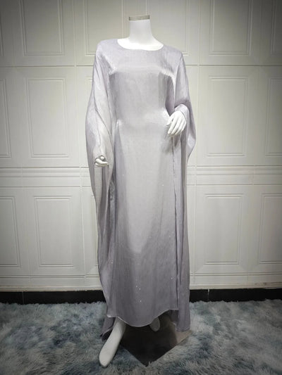 LM096 Eid Rhinestone Butterfly Abaya Set with Slip Dress | Batwing Kaftan for Ramadan & Iftar - LM096-Silver Grey-S (52) LumosModesty