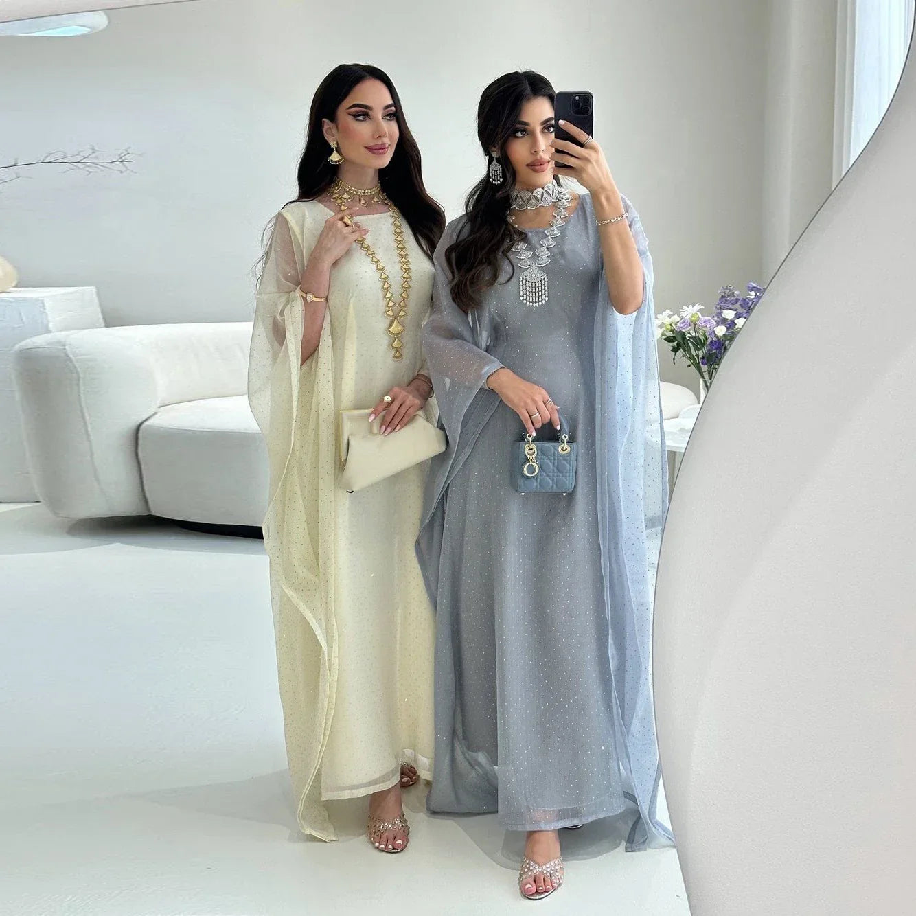 LM096 Eid Rhinestone Butterfly Abaya Set with Slip Dress | Batwing Kaftan for Ramadan & Iftar - LM096-Silver Grey-S (52) LumosModesty