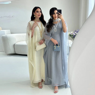 LM096 Eid Rhinestone Butterfly Abaya Set with Slip Dress | Batwing Kaftan for Ramadan & Iftar - LM096-Silver Grey-S (52) LumosModesty