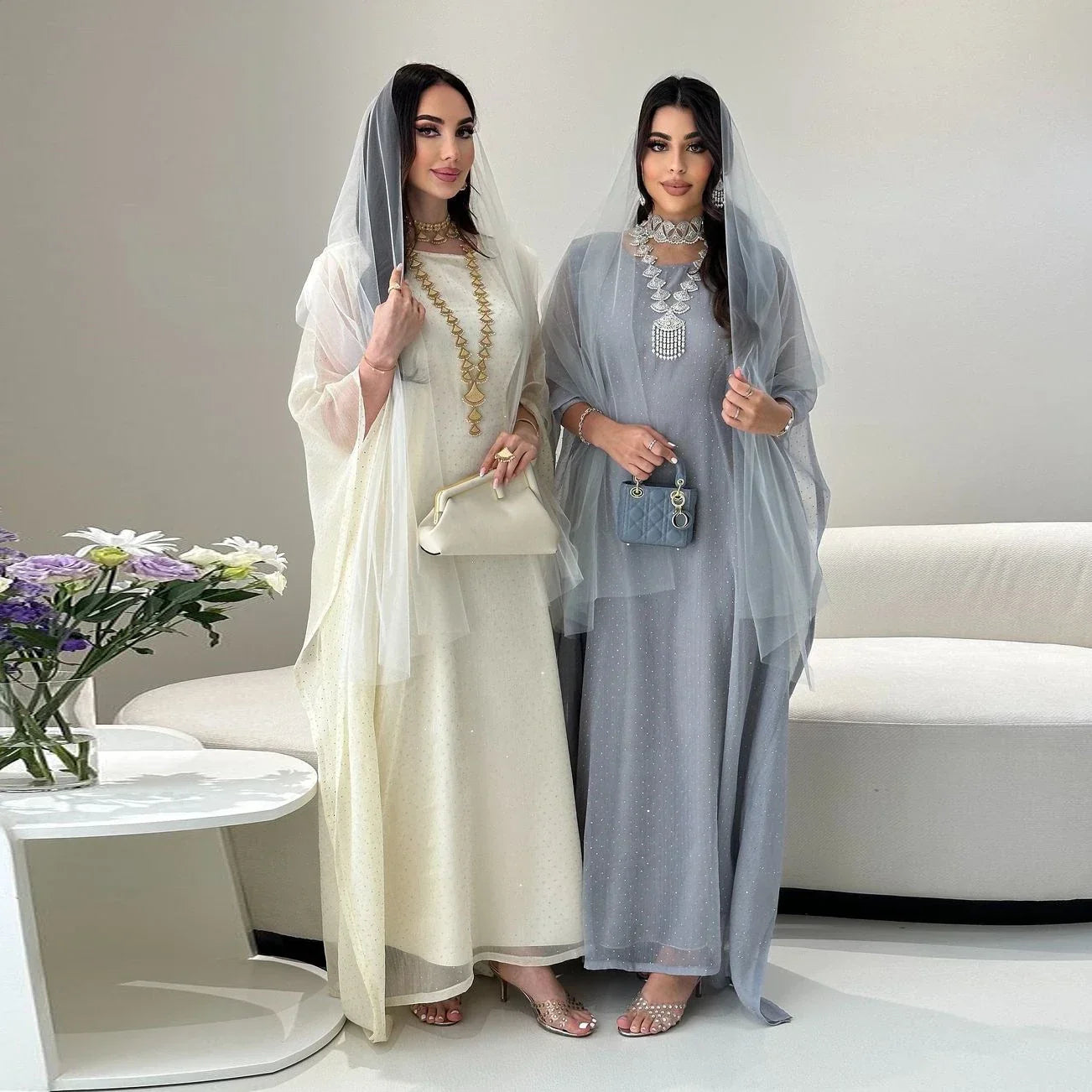 LM096 Eid Rhinestone Butterfly Abaya Set with Slip Dress | Batwing Kaftan for Ramadan & Iftar - LM096-Silver Grey-S (52) LumosModesty