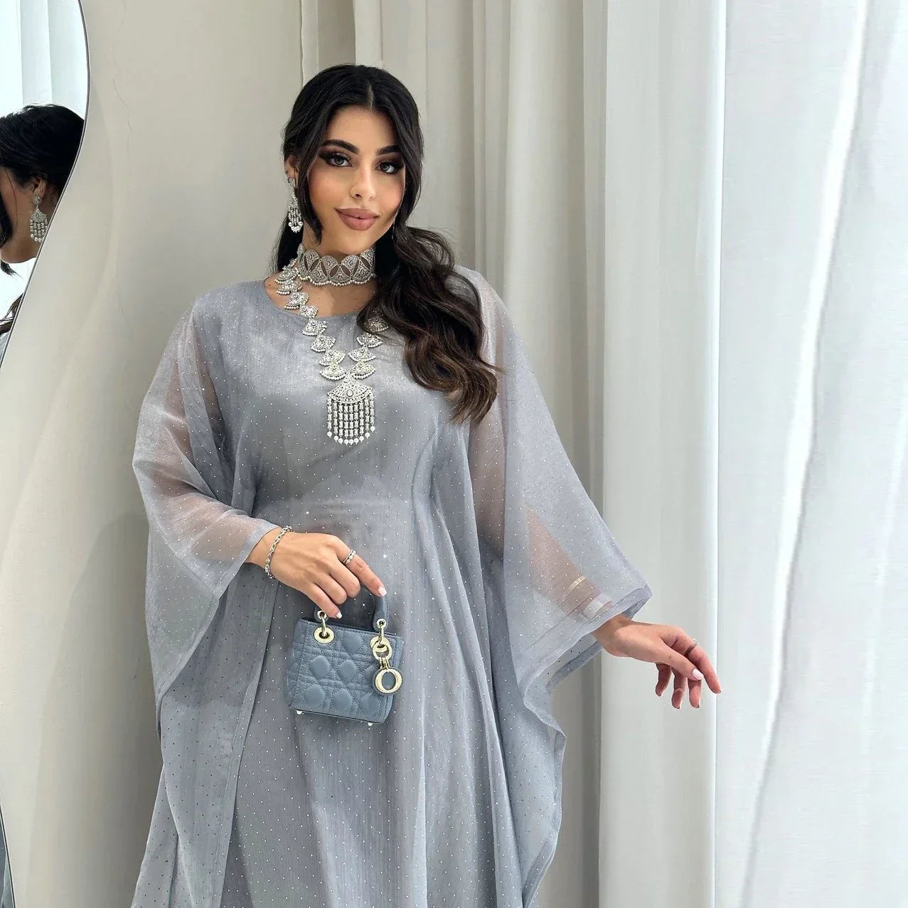 LM096 Eid Rhinestone Butterfly Abaya Set with Slip Dress | Batwing Kaftan for Ramadan & Iftar - LM096-Silver Grey-S (52) LumosModesty