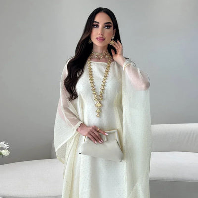 LM096 Eid Rhinestone Butterfly Abaya Set with Slip Dress | Batwing Kaftan for Ramadan & Iftar - LM096-Silver Grey-S (52) LumosModesty