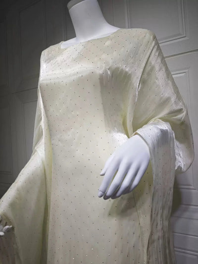LM096 Eid Rhinestone Butterfly Abaya Set with Slip Dress | Batwing Kaftan for Ramadan & Iftar - LM096-Silver Grey-S (52) LumosModesty