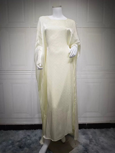 LM096 Eid Rhinestone Butterfly Abaya Set with Slip Dress | Batwing Kaftan for Ramadan & Iftar - LM096-Silver Grey-S (52) LumosModesty