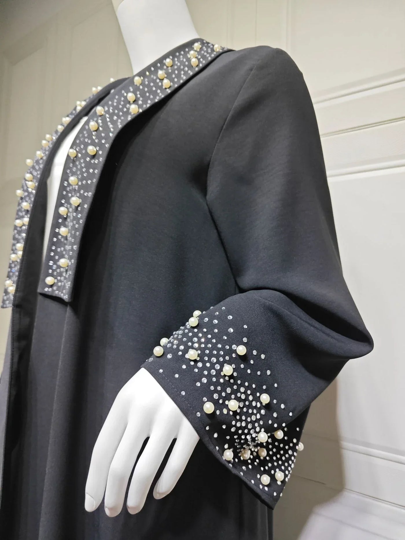 LM097 Pearl Beaded Khaleeji Abaya Cardigan – Modest Eid & Iftar Open Kaftan - LM097-Black-S (52) LumosModesty