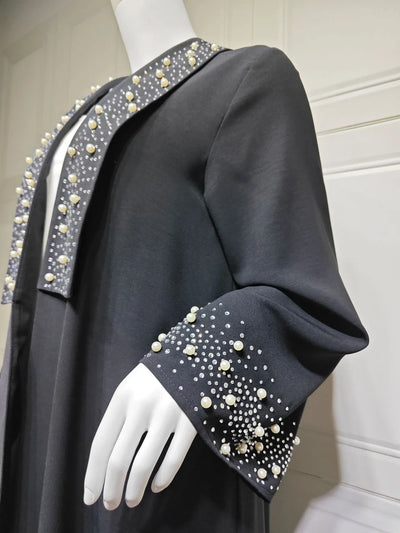 LM097 Pearl Beaded Khaleeji Abaya Cardigan – Modest Eid & Iftar Open Kaftan - LM097-Black-S (52) LumosModesty