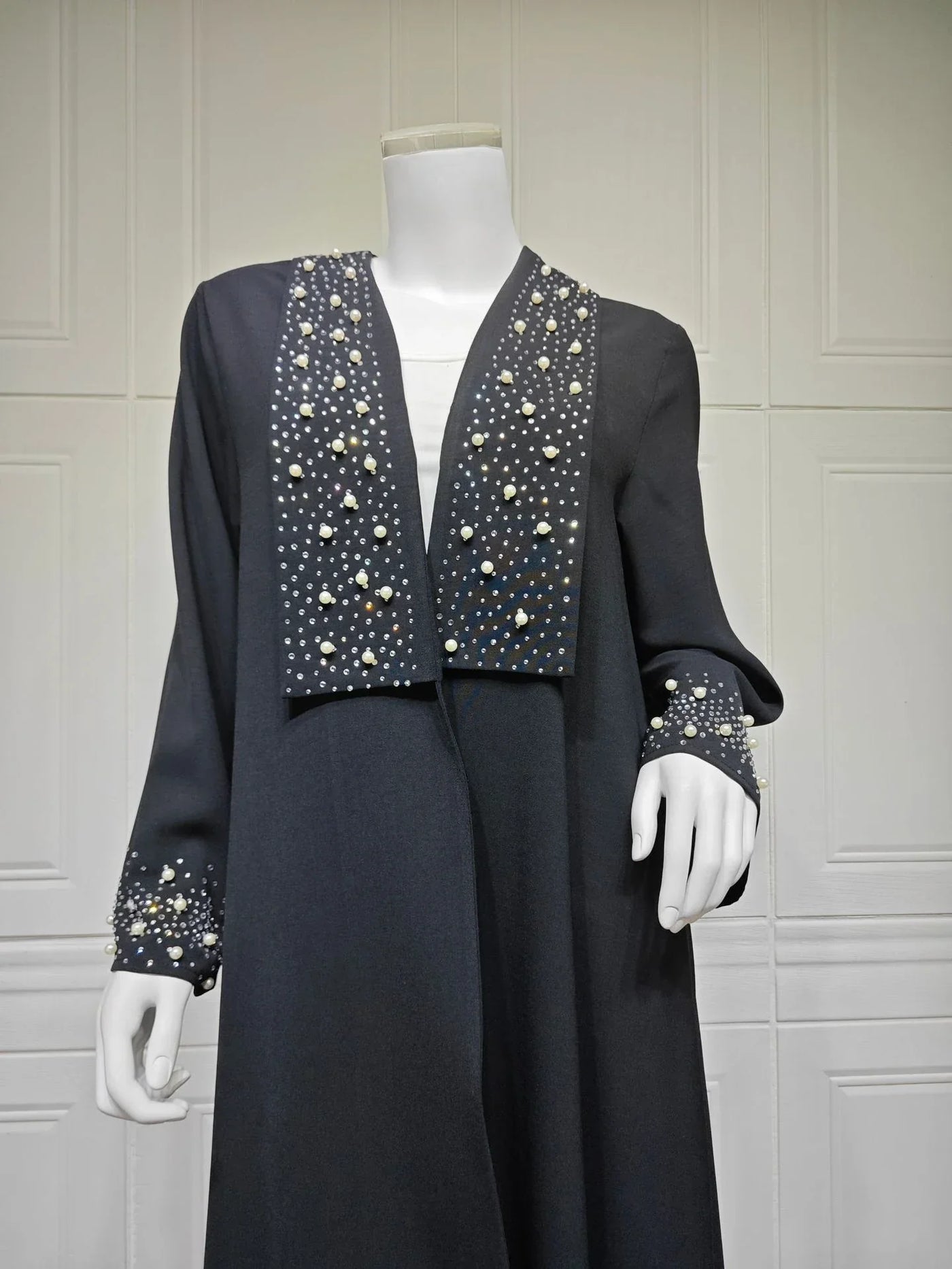 LM097 Pearl Beaded Khaleeji Abaya Cardigan – Modest Eid & Iftar Open Kaftan - LM097-Black-S (52) LumosModesty
