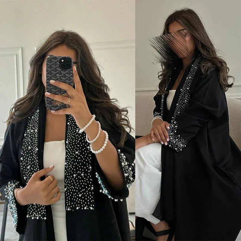 LM097 Pearl Beaded Khaleeji Abaya Cardigan – Modest Eid & Iftar Open Kaftan - LM097-Black-S (52) LumosModesty