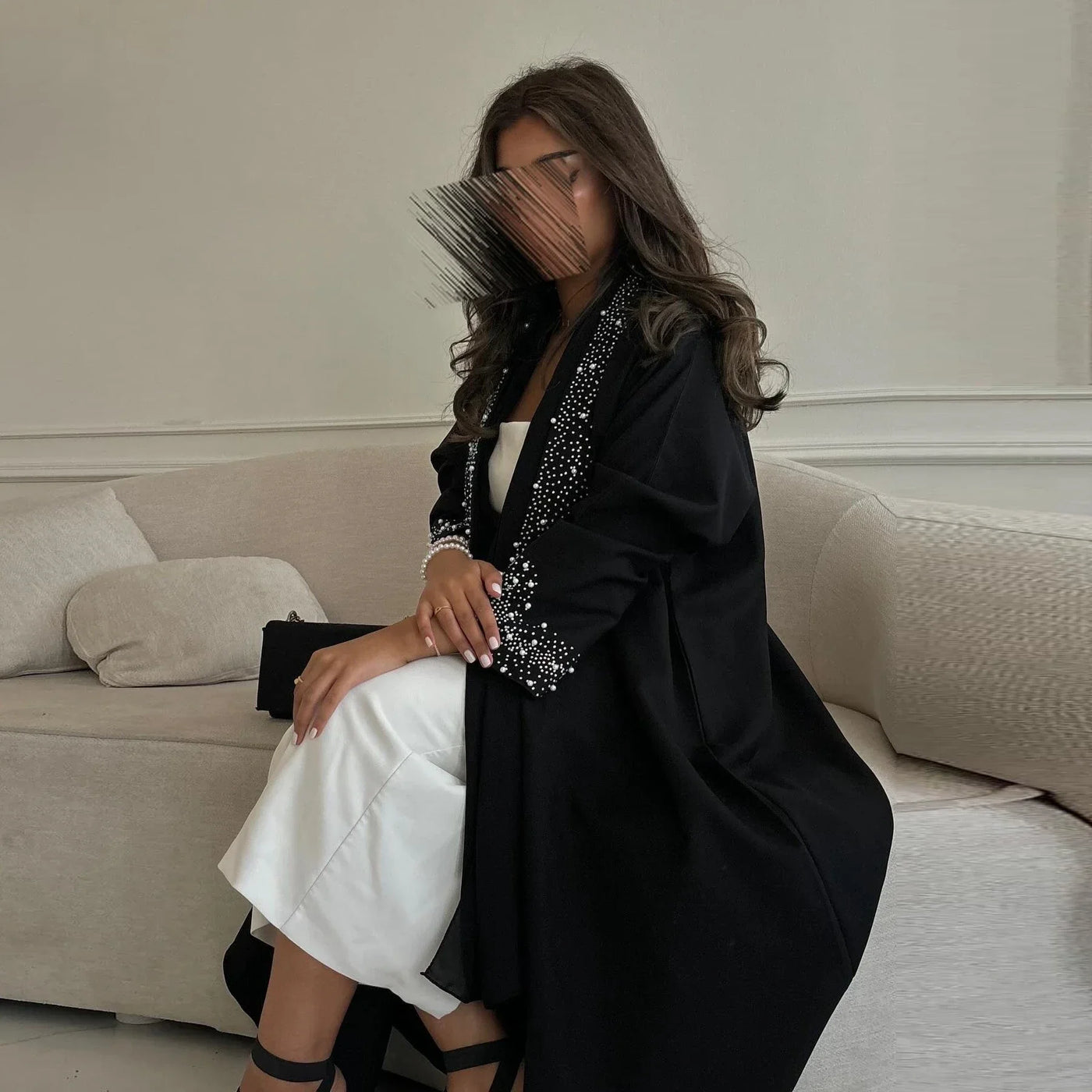 LM097 Pearl Beaded Khaleeji Abaya Cardigan – Modest Eid & Iftar Open Kaftan - LM097-Black-S (52) LumosModesty