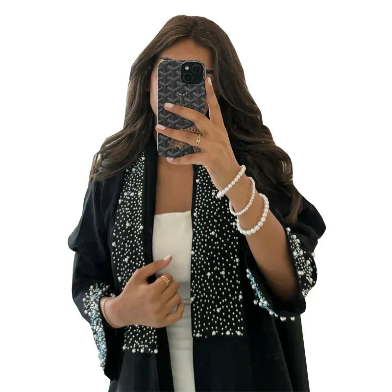 LM097 Pearl Beaded Khaleeji Abaya Cardigan – Modest Eid & Iftar Open Kaftan - LM097-Black-S (52) LumosModesty