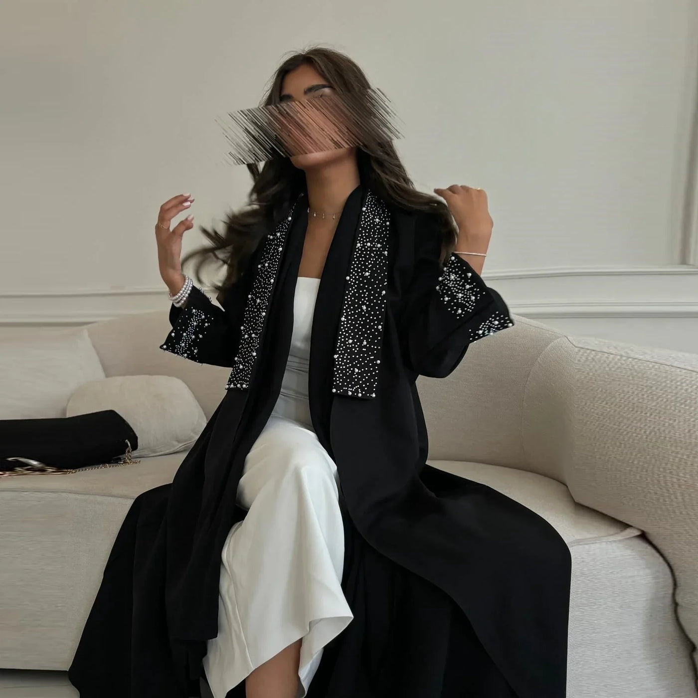LM097 Pearl Beaded Khaleeji Abaya Cardigan – Modest Eid & Iftar Open Kaftan - LM097-Black-S (52) LumosModesty