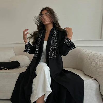 LM097 Pearl Beaded Khaleeji Abaya Cardigan – Modest Eid & Iftar Open Kaftan - LM097-Black-S (52) LumosModesty