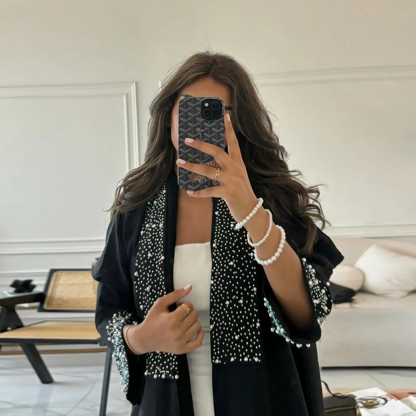 LM097 Pearl Beaded Khaleeji Abaya Cardigan – Modest Eid & Iftar Open Kaftan - LM097-Black-S (52) LumosModesty