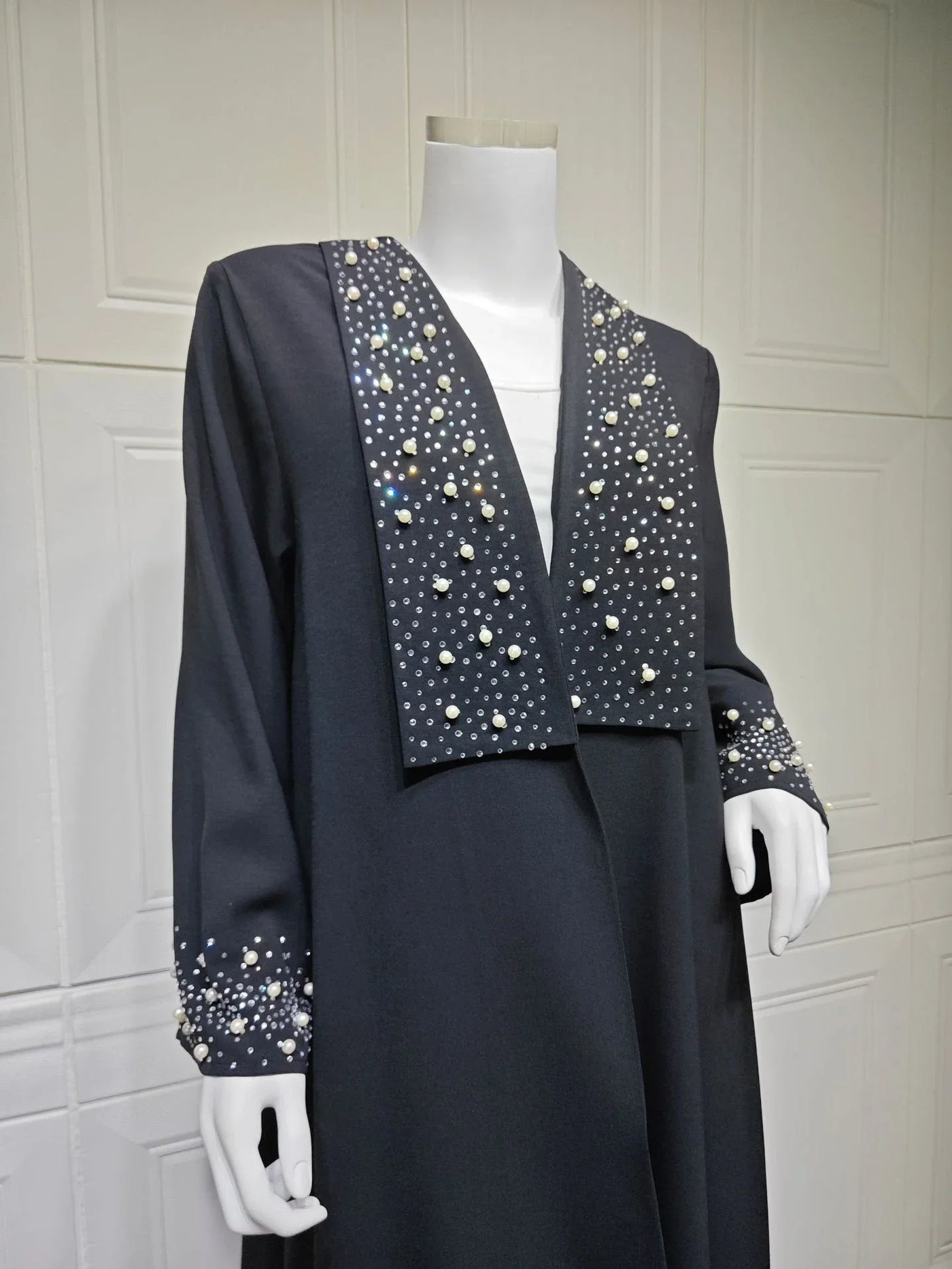 LM097 Pearl Beaded Khaleeji Abaya Cardigan – Modest Eid & Iftar Open Kaftan - LM097-Black-S (52) LumosModesty