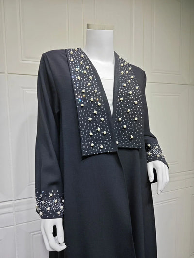 LM097 Pearl Beaded Khaleeji Abaya Cardigan – Modest Eid & Iftar Open Kaftan - LM097-Black-S (52) LumosModesty