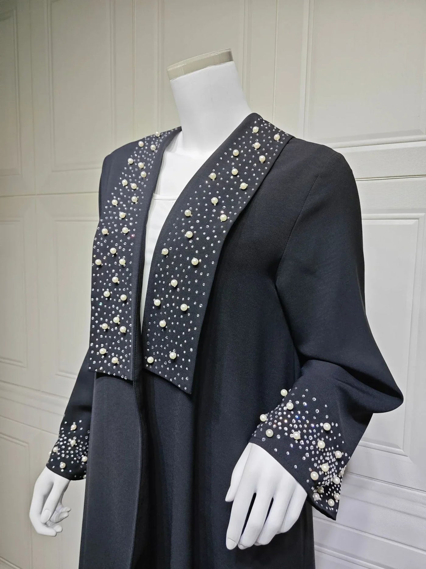 LM097 Pearl Beaded Khaleeji Abaya Cardigan – Modest Eid & Iftar Open Kaftan - LM097-Black-S (52) LumosModesty