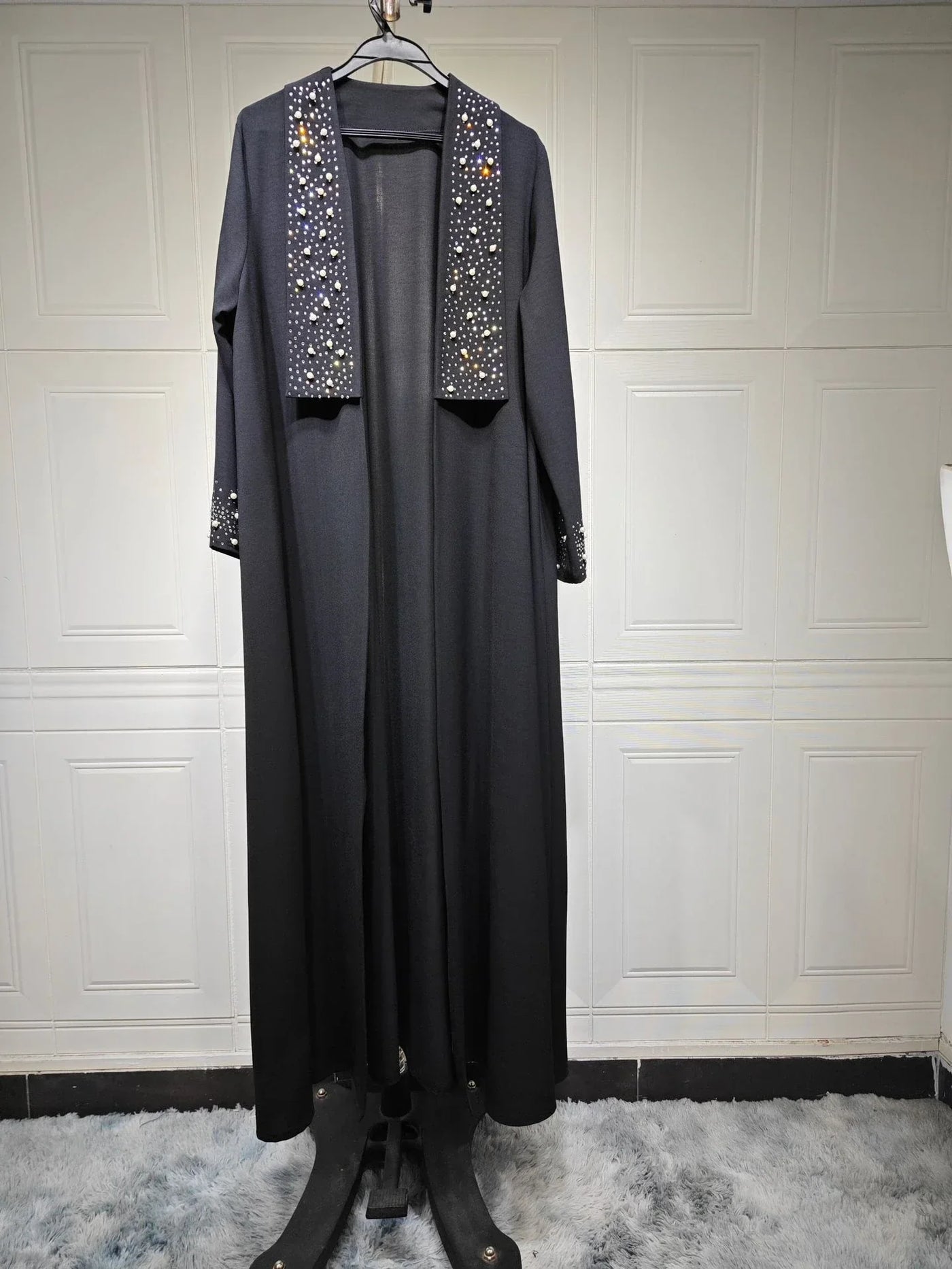 LM097 Pearl Beaded Khaleeji Abaya Cardigan – Modest Eid & Iftar Open Kaftan - LM097-Black-S (52) LumosModesty