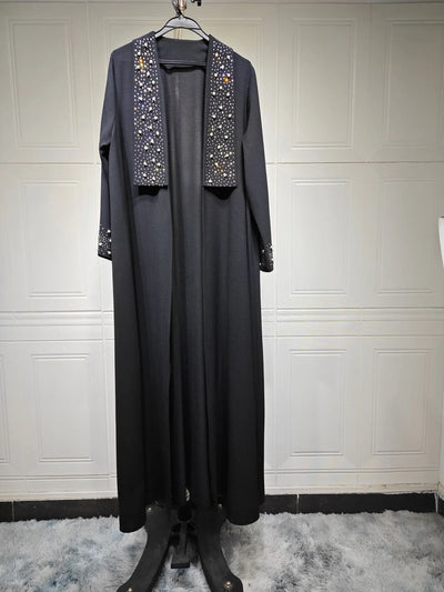 LM097 Pearl Beaded Khaleeji Abaya Cardigan – Modest Eid & Iftar Open Kaftan - LM097-Black-S (52) LumosModesty