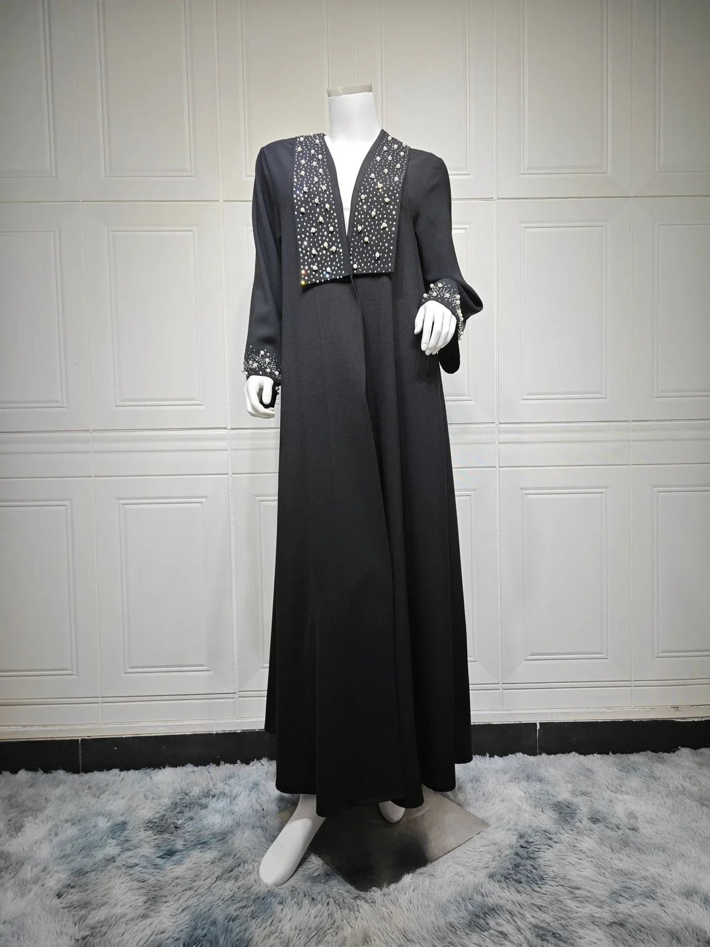 LM097 Pearl Beaded Khaleeji Abaya Cardigan – Modest Eid & Iftar Open Kaftan - LM097-Black-S (52) LumosModesty