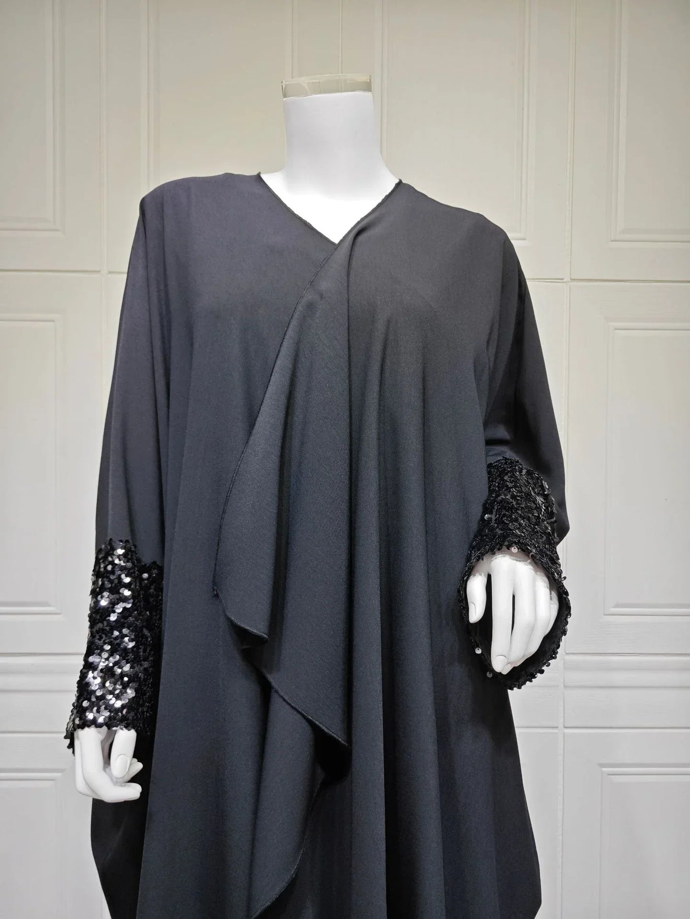 LM098 Sparkling Khaleeji Abaya Cardigan with Sequins | Modest Eid Dress - LM098-Black-FREE SIZE LumosModesty