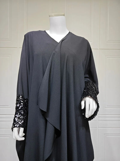 LM098 Sparkling Khaleeji Abaya Cardigan with Sequins | Modest Eid Dress - LM098-Black-FREE SIZE LumosModesty