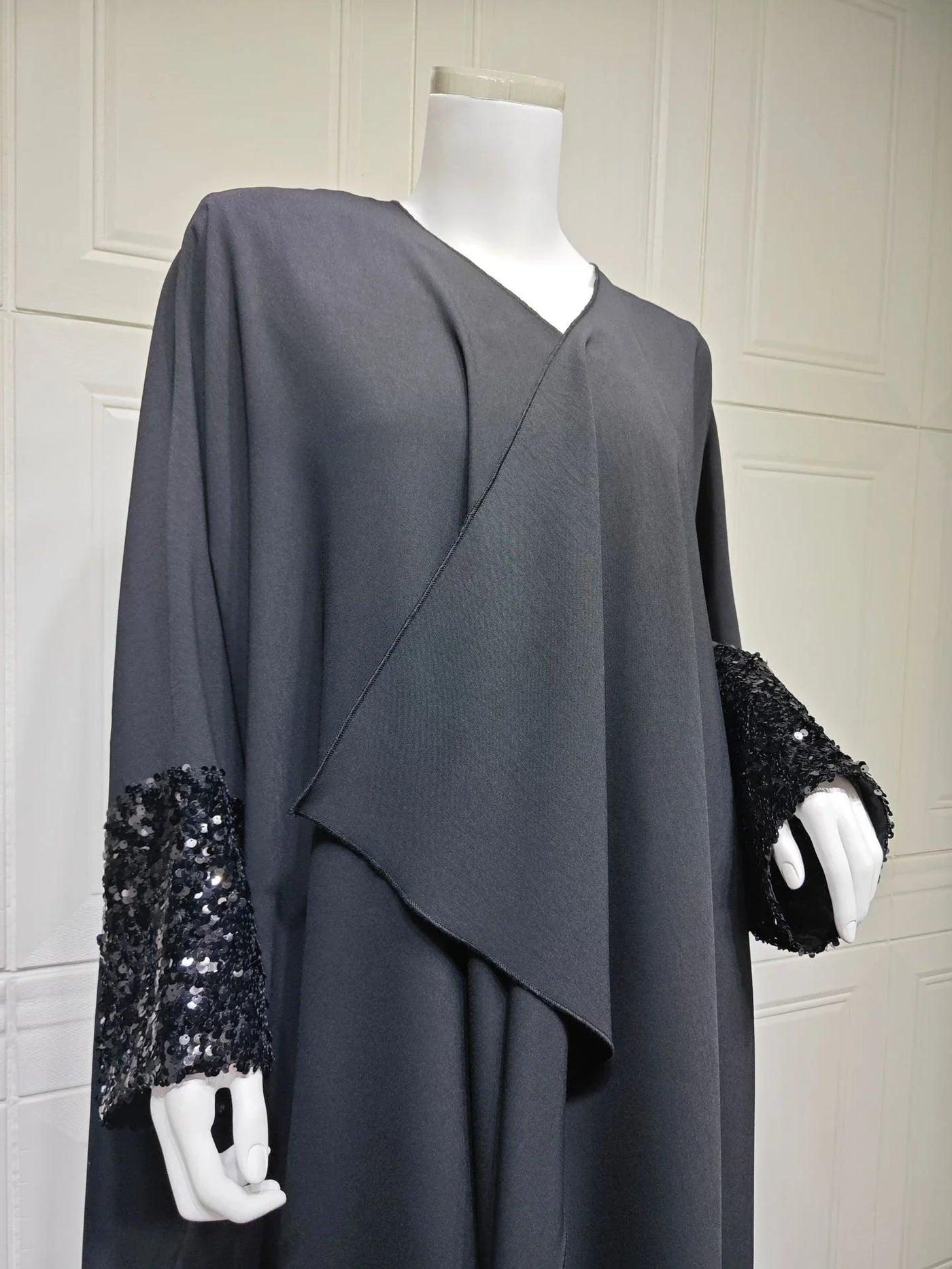 LM098 Sparkling Khaleeji Abaya Cardigan with Sequins | Modest Eid Dress - LM098-Black-FREE SIZE LumosModesty