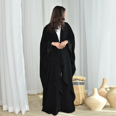 LM098 Sparkling Khaleeji Abaya Cardigan with Sequins | Modest Eid Dress - LM098-Black-FREE SIZE LumosModesty