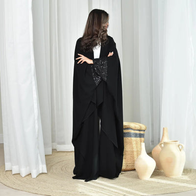 LM098 Sparkling Khaleeji Abaya Cardigan with Sequins | Modest Eid Dress - LM098-Black-FREE SIZE LumosModesty