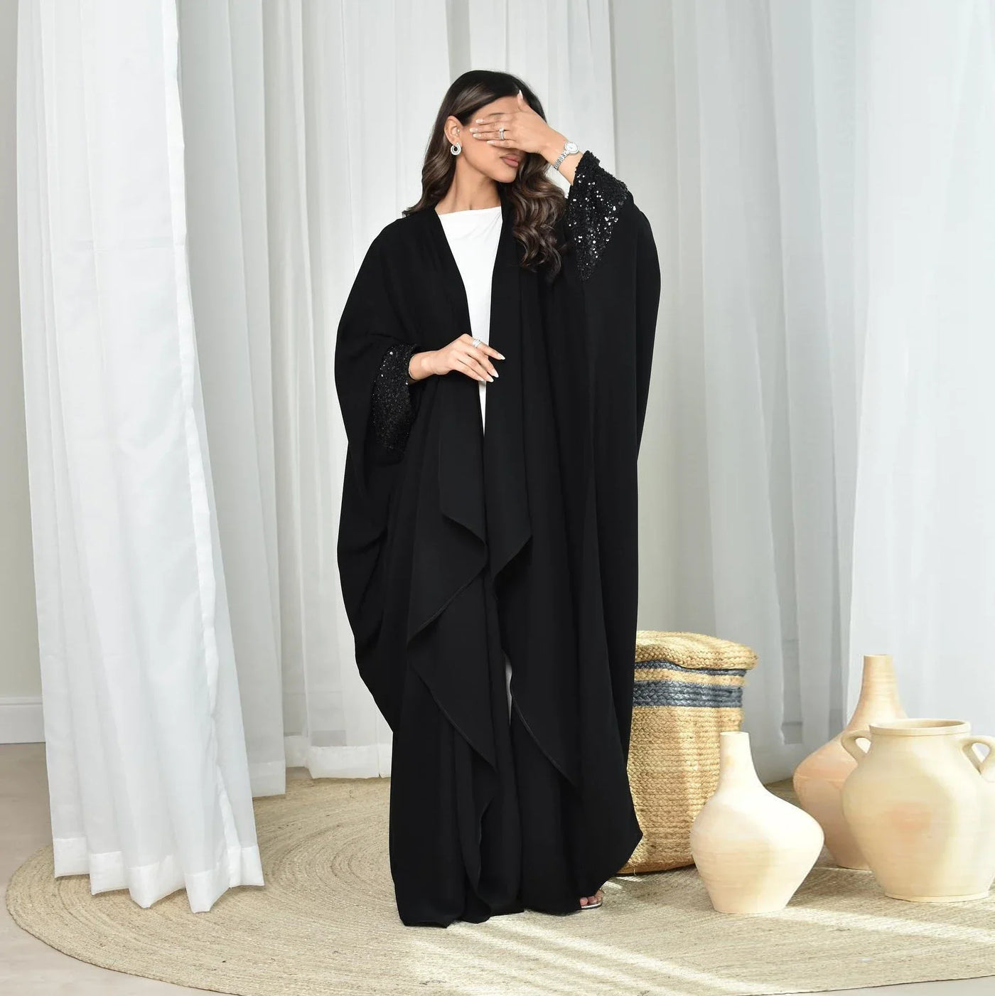 LM098 Sparkling Khaleeji Abaya Cardigan with Sequins | Modest Eid Dress - LM098-Black-FREE SIZE LumosModesty