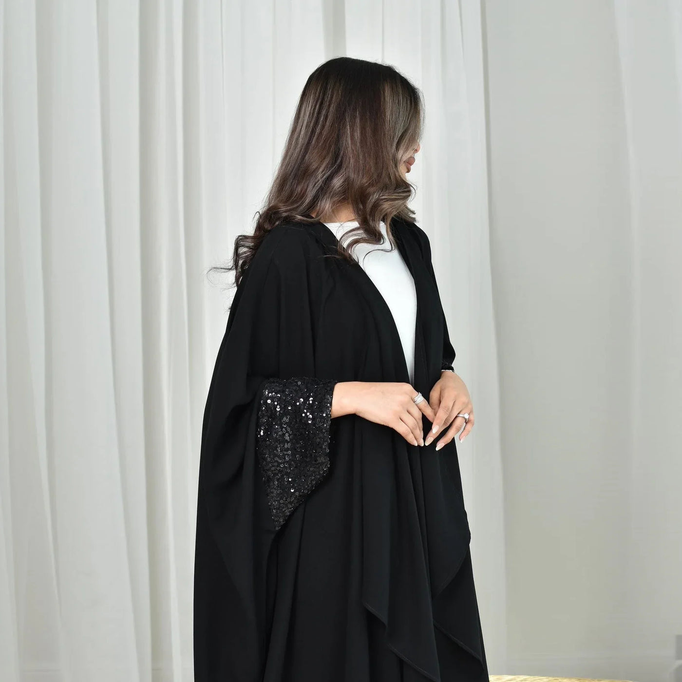 LM098 Sparkling Khaleeji Abaya Cardigan with Sequins | Modest Eid Dress - LM098-Black-FREE SIZE LumosModesty