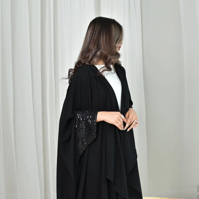 LM098 Sparkling Khaleeji Abaya Cardigan with Sequins | Modest Eid Dress - LM098-Black-FREE SIZE LumosModesty