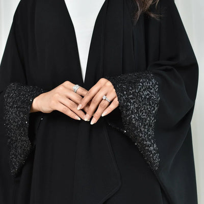 LM098 Sparkling Khaleeji Abaya Cardigan with Sequins | Modest Eid Dress - LM098-Black-FREE SIZE LumosModesty