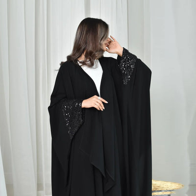 LM098 Sparkling Khaleeji Abaya Cardigan with Sequins | Modest Eid Dress - LM098-Black-FREE SIZE LumosModesty